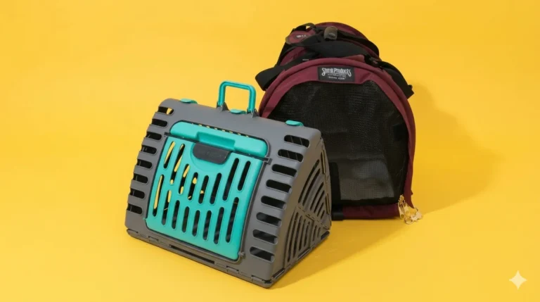 Large tabby cat sitting comfortably inside a hard-sided cat carrier with room to turn around