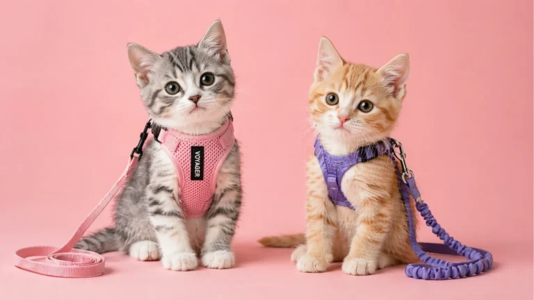 Small kitten wearing a best kitten harness on a leash outdoors in natural light