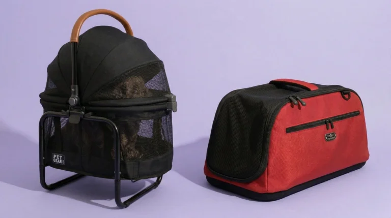 Two cat carriers for car travel on a studio backdrop—an elevated booster-frame carrier and a soft-sided carrier