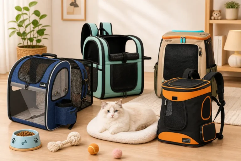 Four best cat backpacks for hiking displayed side by side — Travel Cat Navigator, Apollo Walker, Petsfit, Pecute